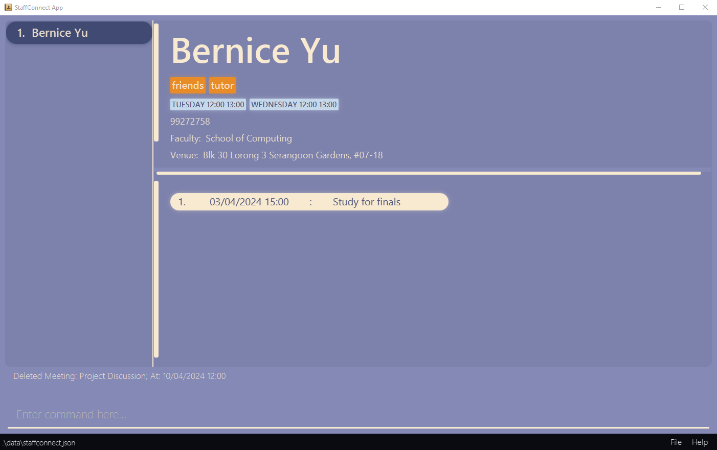 result for after `find Bernice Yu` followed by `meeting-delete 1 i/2`